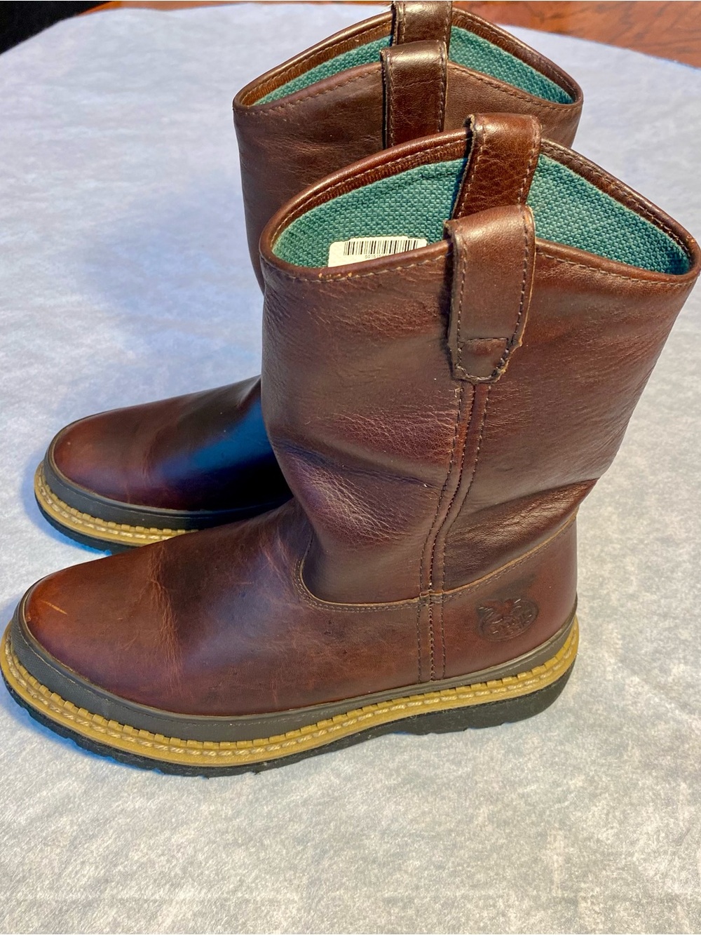 Georgia Boot Brown Leather Work Boots soft toe with Teal Lining